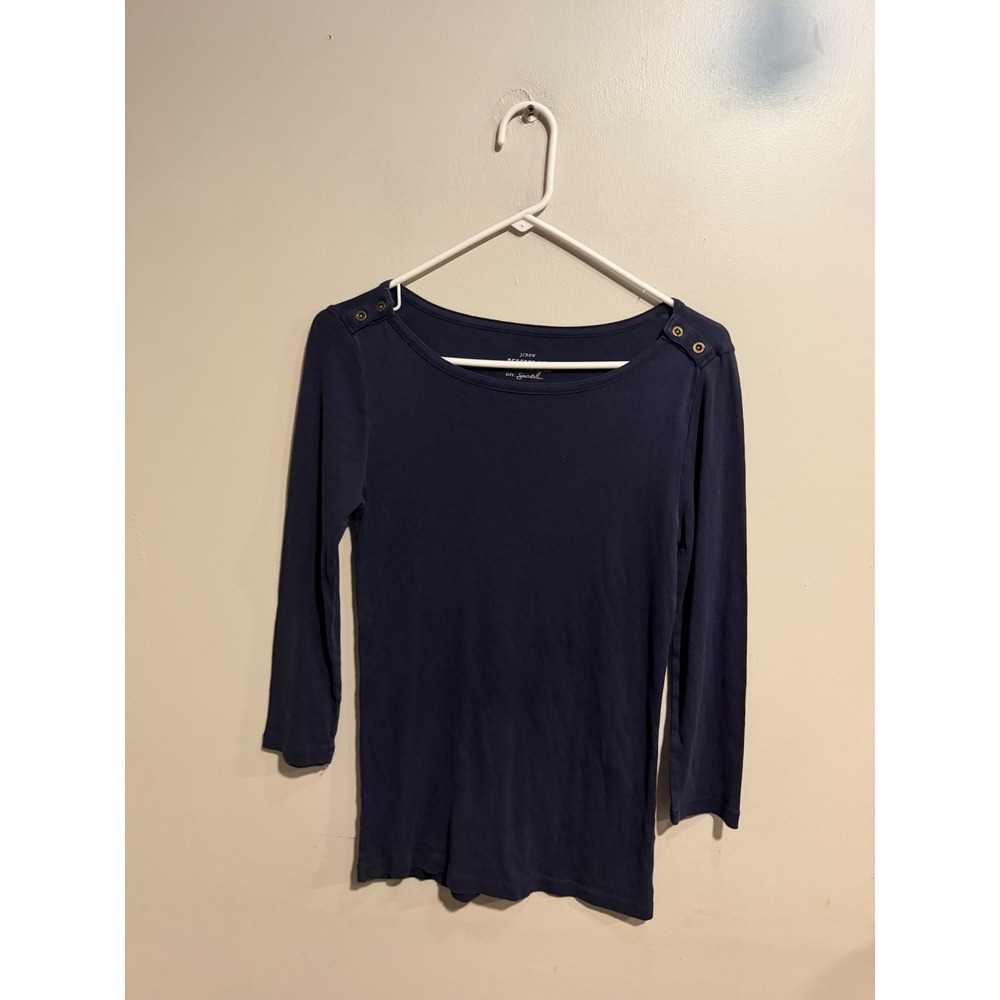 J.Crew Perfect Fit Navy Blue 100% Cotton Boat Neck Button Shoulder Top Small